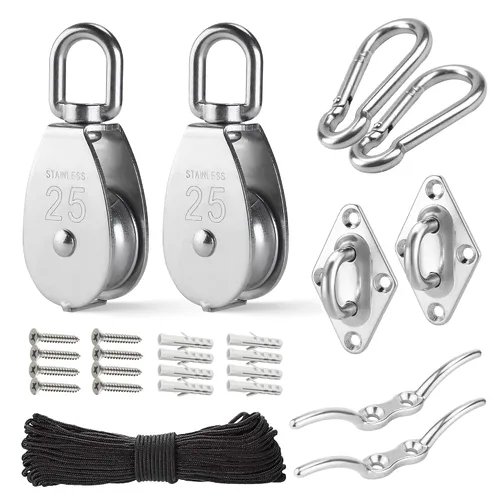 Vista 8 de LAIWOO M15 Kit de Sistema de Poleas de Acero Inoxidable - Rueda de Polea de Servicio Pesado, Bloque de Polea con Cuerda de Nylon, Ganchos, Placa