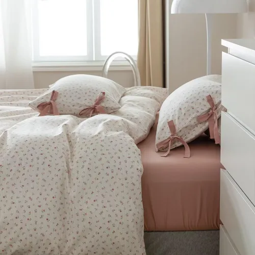 Vista 3 de MKXI Juego de ropa de cama con diseño de corbata de moño linda y rayas de flores rosas, tamaño individual, de algodón - Funda de edredón
