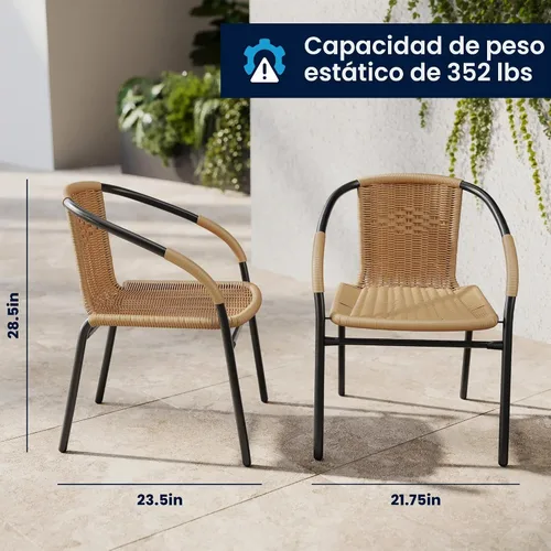 Vista 3 de Flash Furniture Lila Paquete de 2 Sillas Apilables de Ratán Beige para Restaurante Interior-Exterior