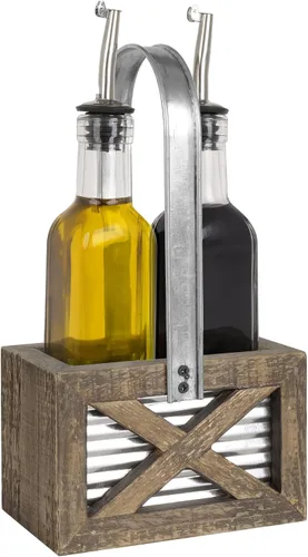 Vista 3 de Autumn Alley Rustic Farmhouse - Juego de dispensador de aceite y vinagre – Juego de soporte de aceite y vinagre de madera envejecida, metal
