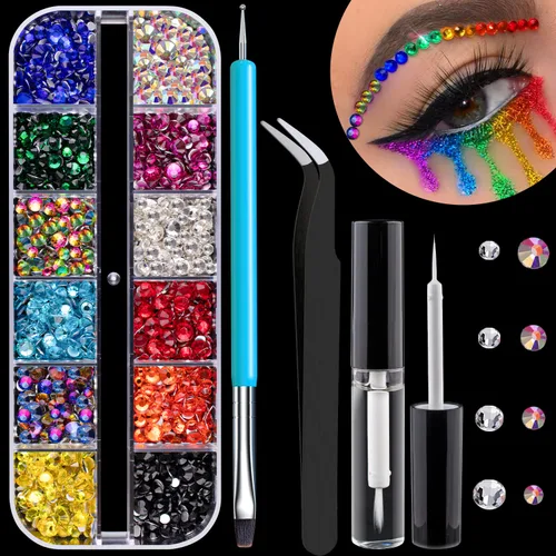 Vista 8 de Kits de estrases con parte trasera plana, estrases de colores+cristales AB y gemas faciales transparentes blancas para uñas con pegamento