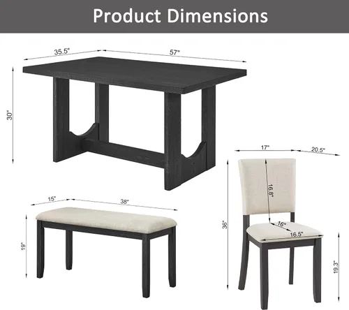 Vista 2 de Juego de mesa de comedor de 6 piezas con banco y 4 sillas Negro Beige-1