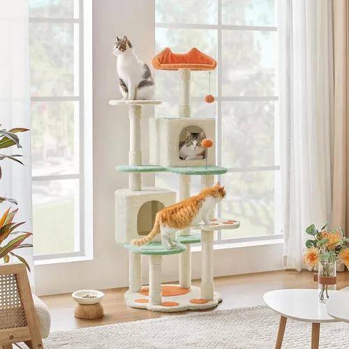 Vista 2 de Yaheetech Torre de árbol para gatos de 57.5 pulgadas, centro de actividades multifuncional con plataforma en forma de pata de gato, postes