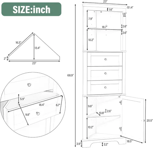 Vista 2 de Armario de almacenamiento para baño, gabinetes de almacenamiento triangulares con 3 cajones y estante ajustable, armario de esquina alto para baño