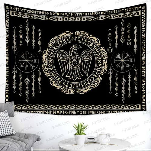 Vista 17 de F-FUN SOUL Tapiz de los vikingos nórdicos, franela suave, 40 x 30 pulgadas, nudo triskele vikingo, runa celta, tapiz de mitología estética