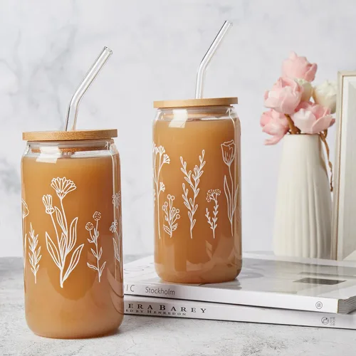 Vista 5 de Zubebe 8 vasos de cerveza con diseño de flores silvestres con tapas y vasos florales de pajita, taza de café helado bohemia, lindo vaso de café