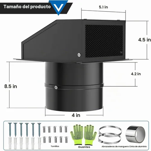 Vista 2 de Cubierta de ventilación de secadora de 4 pulgadas, ventilación de pared con capucha con pantalla y amortiguador, cubiertas de ventilación de acero