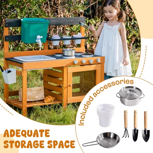 Vista 5 de ROBUD Cocina de Barro para Niños al Aire Libre, Cocina de Juego de Madera al Aire Libre, Cocina de Barro para Niños con Fregadero y Grifo