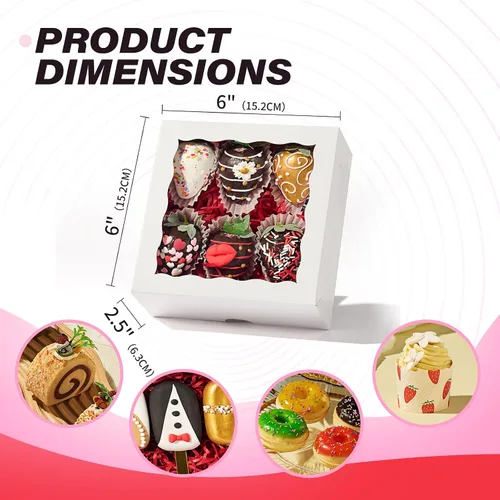 Vista 2 de 20 piezas cajas de panadería elegantes de 6 x 6 x 2.5 pulgadas con ventana, ideales para galletas, fresas cubiertas de chocolate, pasteles