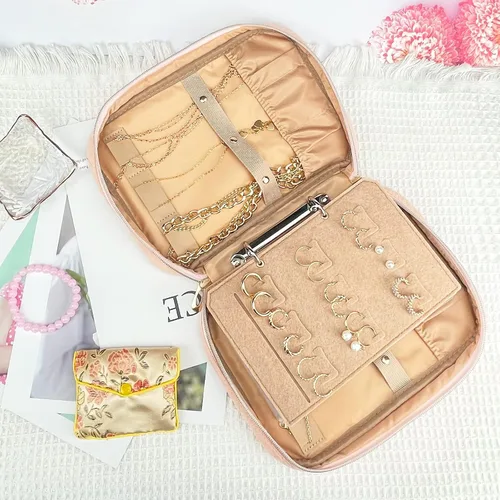 Vista 5 de KOLODOGO Estuche organizador de joyas, cajas de almacenamiento de viaje, bolsa de almacenamiento portátil con cremallera para collares, aretes