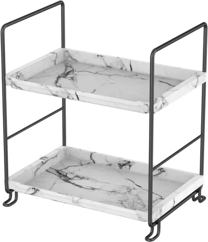 Vista 8 de Estante organizador de especias de 2 niveles para baño, estante de almacenamiento de encimera, estante de almacenamiento de cosméticos de pie negro