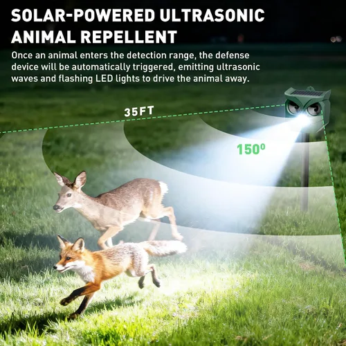 Vista 2 de Paquete de 2 repelentes ultrasónicos de animales con luces estroboscópicas LED, funciona con energía solar para ardillas, ciervos, mapaches