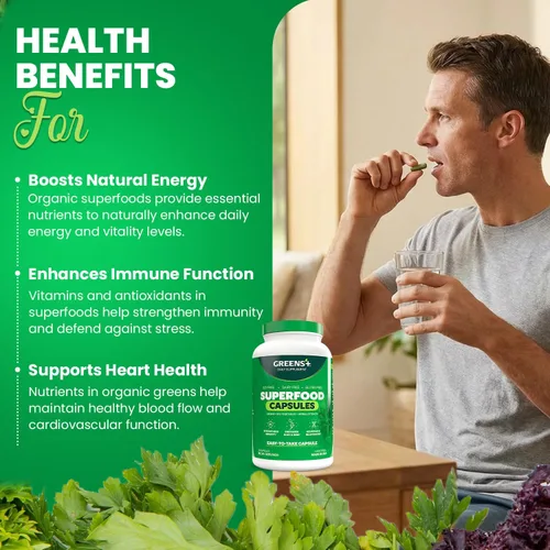 Vista 6 de Greens+ Superfood Organic Super Greens Cápsulas vegetales con clorela orgánica, espirulina, alfalfa y pasto de trigo, suplemento mezclado