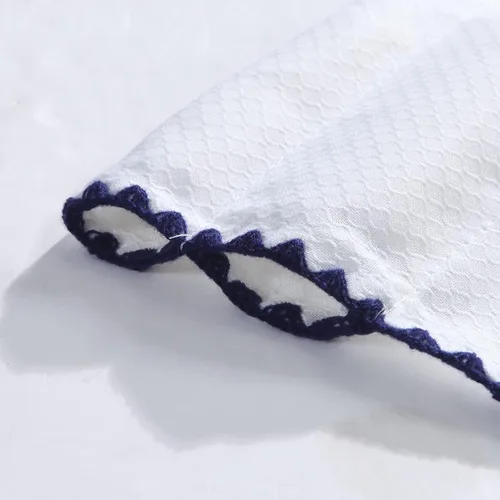 Vista 3 de Arlene - Cortina bohemia con borde bordado cosido azul para ventana, par de paneles de borlas blancas, cada uno de 42 pulgadas de ancho x 84
