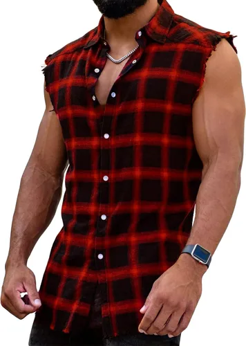 Vista 7 de Beotyshow Camisa de franela sin mangas con botones para hombre, camisas A: Azul