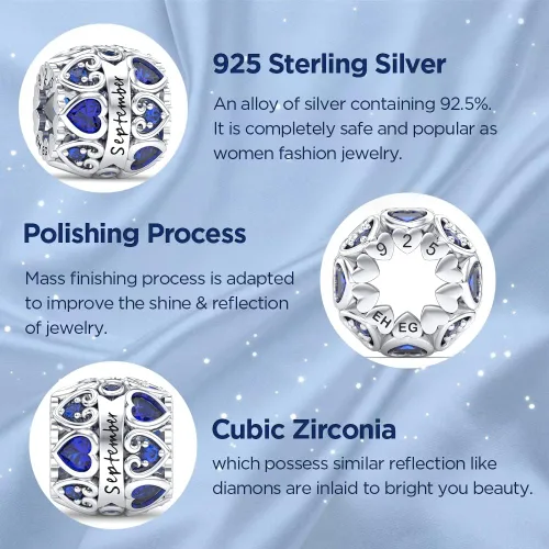 Vista 2 de Dijes de piedra natal con forma de corazón para pulseras y collares, plata de ley 925 con circonita cúbica 5A