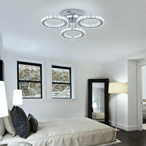 Vista 3 de Deckrico Moderno candelabro de cristal de montaje empotrado, lámpara de techo colgante de acero inoxidable de 3 anillos redondos para sala de estar