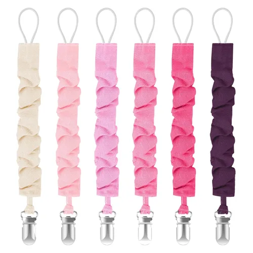 Vista 8 de TenderBabe Clip para chupete, paquete de 6 clips para chupete con adorable diseño de volantes, clips suaves y flexibles para bebé niña y niño