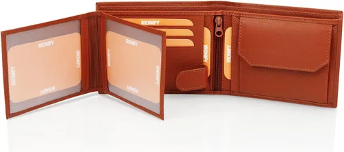 Vista 5 de KRONIFY Men's Leather Wallet RFID Blocking Bifold Trifold Wallet Landscape Format Coin Pocket 13 Card Slots Reinforced Seam Gift Box Included
