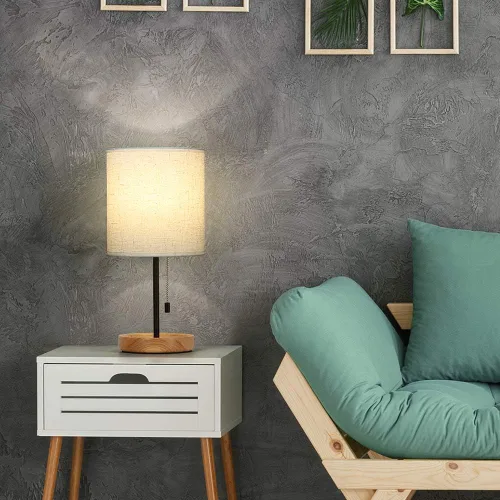 Vista 2 de CADUKE - Lámpara de mesa moderna, lámpara de escritorio de mesita de noche, lámpara de noche con base de madera y pantalla de lino para sala