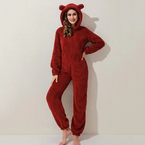 Vista 8 de Pijama de forro polar para mujer, mameluco cálido de sherpa, ropa de dormir de una pieza con cremallera y capucha