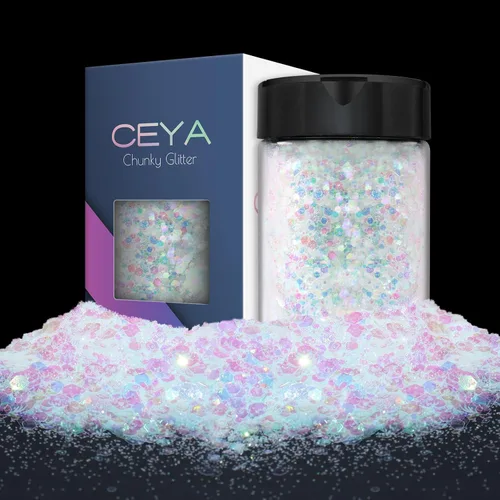 Vista 11 de Ceya - Purpurina gruesa, 4.9 oz / 140 g, Polvo de purpurina blanca para manualidades navideñas, 1/128” 0.008” 0.2mm, Purpurina iridiscente