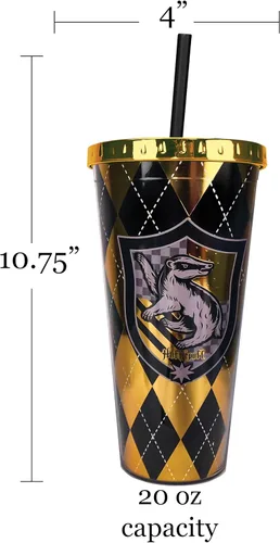 Vista 2 de Spoontiques Harry Potter - Vaso de aluminio, con pajilla y diseño de Hufflepuff, 20 onzas, acrílico, color amarillo