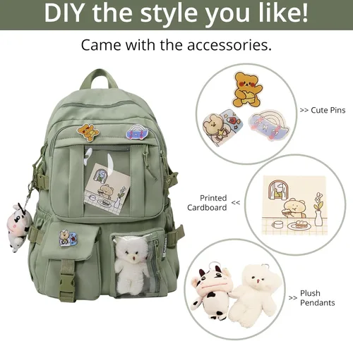 Vista 4 de AoMoon Mochila kawaii con bonito diseño en colores pastel para adolescentes, bolsas estéticas para estudiantes con pin Kawaii y accesorios lindos