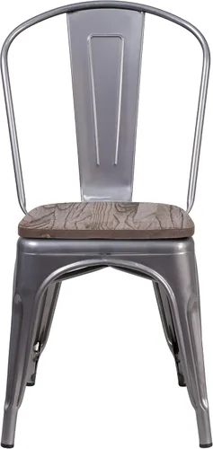 Vista 6 de Merrick Lane Silla de comedor apilable con respaldo de listones verticales de metal, marco recubierto transparente, asiento de madera de olmo