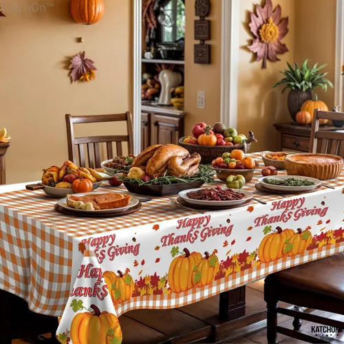 Vista 3 de KatchOn, Mantel grande de plástico de Acción de Gracias, 108 x 54 pulgadas, paquete de 3 Mantel desechable de otoño, rectangular, otoño, calabaza