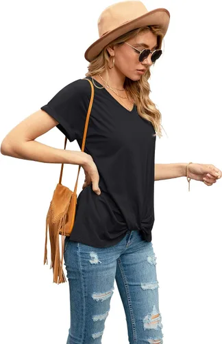 Vista 3 de Iandroiy Blusas de verano cómodas y casuales de manga corta con cuello en V para mujer, camisetas con nudo torcido