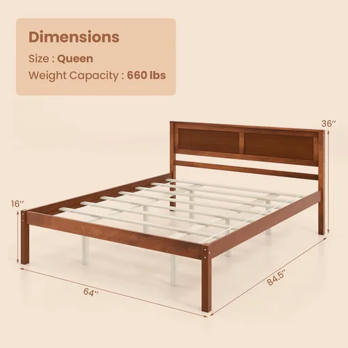 Vista 2 de Giantex Cama de plataforma de madera Queen con cabecero, marco de cama de madera maciza de mediados de siglo con soporte de listones de madera, base