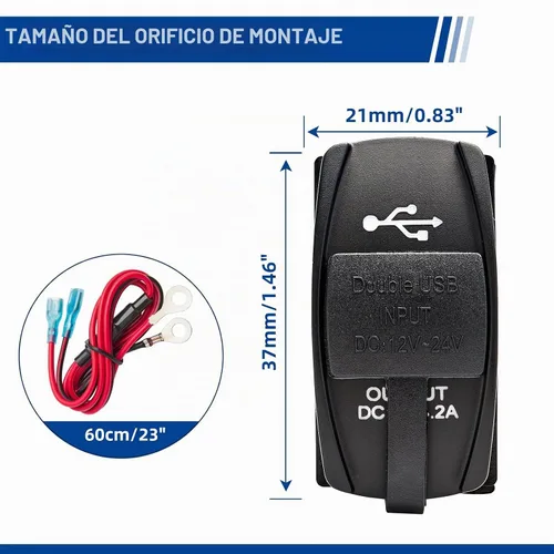 Vista 2 de Anina Cargador USB Dual Estilo Interruptor Basculante de 4.2A con Luz LED Azul, Puerto USB Impermeable con Fusible de 10A para Panel de Interruptor
