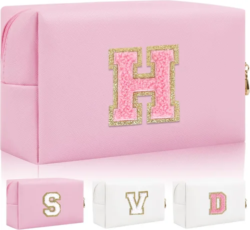Vista 12 de Bolsa de maquillaje con parche de letra inicial personalizada, bolsa de cosméticos de chenilla preppy con letra de chenilla con cremallera, Y