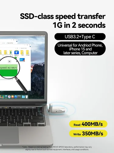 Vista 2 de MOVE SPEED Unidad flash de estado sólido de 128 GB, 400 MB/s, alta velocidad tipo C + unidad USB 3.2 de doble puerto, unidad de pulgar compatible