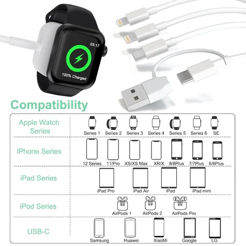 Vista 2 de Cable de carga universal 6 en 1 de viaje, cargador USB A/tipo C iWatch+Lightning*2+adaptador de cable tipo C Combo para Smart Watch Series