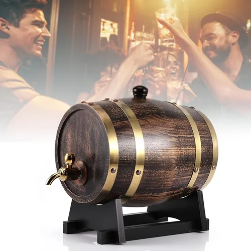 Vista 5 de Barril de roble de 3 litros, barril de madera de roble estilo retro, contenedor de barril de whisky de vino tinto con grifo envejecimiento, barril