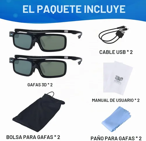 Vista 7 de Gafas 3D, gafas recargables con obturador activo para proyectores DLP-Link 3D Cocar Toumei, paquete de 2