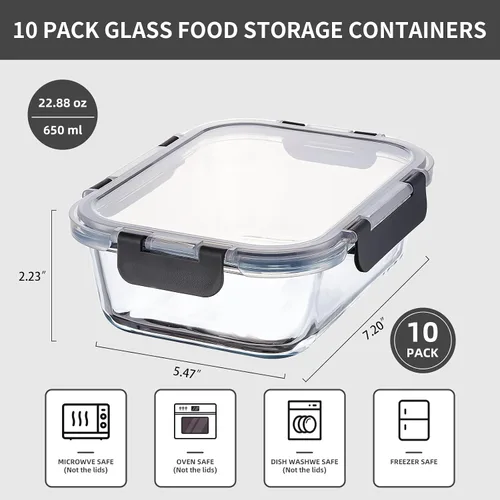 Vista 2 de Paquete de 10 recipientes de vidrio de 22 onzas para preparación de comidas, recipientes de almacenamiento de alimentos de vidrio con tapas