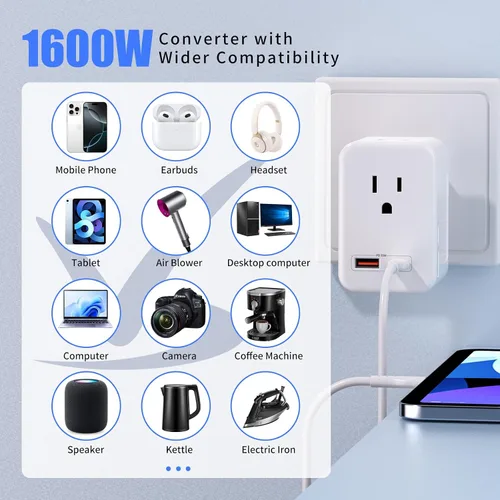 Vista 6 de PD - Convertidor de voltaje de 35 W de EE. UU. a Europa - Convertidor de 1600 W 220 V a 110 V para viajes europeos - Diseño de viaje compacto con 2