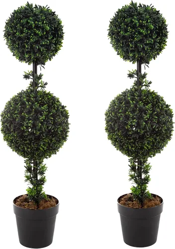 Vista 7 de Juego de 2 árboles topiarios – 36 pulgadas de doble bola podocarpus plantas falsas – Plantas artificiales realistas en macetas para interiores