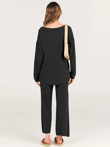 Vista 6 de ANRABESS Conjunto de 2 piezas para mujer, conjunto de suéter holgado holgado de punto de gran tamaño, conjunto de ropa de descanso a juego de moda