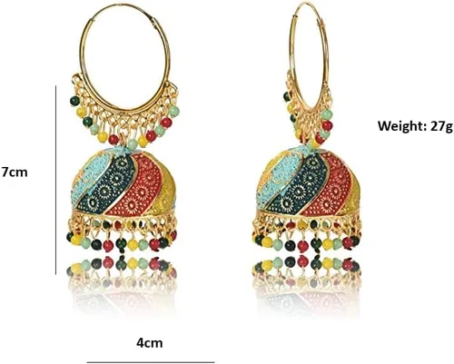 Vista 5 de Nilu's Collection Mujer étnica desgaste multicolor Jhumka Fiesta Festival, Función, Festival Wear Aleación Jhumki Pendiente, Mediano, Oro