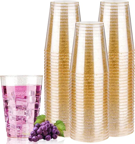 Vista 18 de Goodluck 50 vasos de plástico con purpurina dorada de 10 onzas, vasos desechables con purpurina, elegantes vasos de cóctel de plástico, vasos