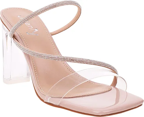 Vista 8 de vivianly Sandalias de tacón con tiras transparentes con diamantes de imitación para mujer, con puntera cuadrada, tacones altos, deslizantes, vestido