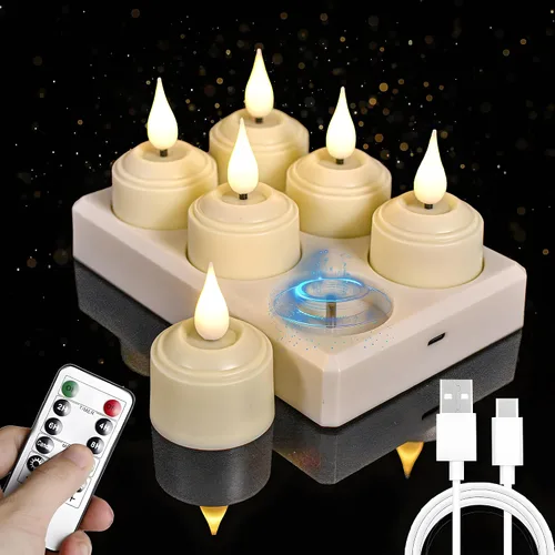 Vista 8 de Velas de té recargables sin llama con temporizador remoto y base de carga, velas LED que funcionan con pilas, velas USB para otoño, boda, Navidad