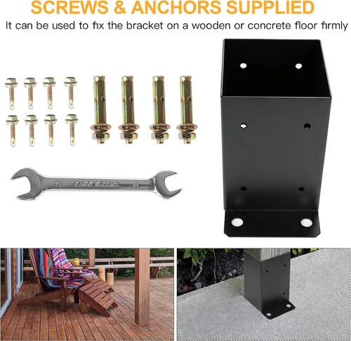Vista 7 de Base de poste de 4 x 4, 2 piezas, tamaño interior de 3.6 x 3.6 pulgadas, soportes de poste de metal resistente con recubrimiento en polvo negro