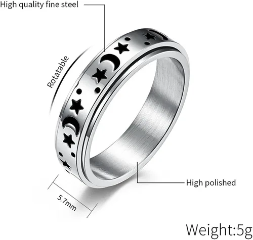 Vista 3 de Anillos giratorios de acero inoxidable de titanio con estrella de luna negra para mujeres y hombres, delicados antiansiedad, alivio del estrés