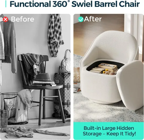 Vista 5 de LINSY Silla Giratoria de Acento con Almacenamiento, Cómodas Sillas de Barril de Chenilla, Pequeño Sillón Moderno Giratorio de 360 Grados para Sala