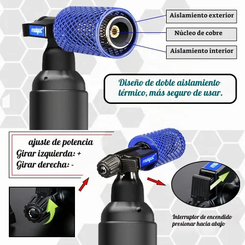 Vista 4 de Antorcha de butano con dispositivo anti-escaldadura, cubierta protectora de acero inoxidable, antorcha de cocina recargable, protección de llama